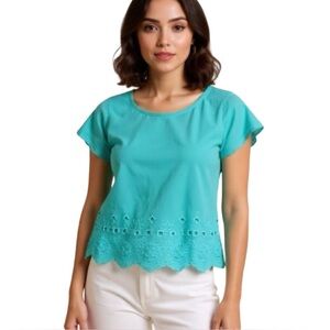 Aerie Medium Short-sleeved Scoop-neck Turquoise Blouse With Eyelet Embroidery.